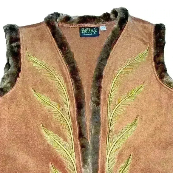 VTG Bob Mackie Wearable Art Sz M Fleece Vest Embroidered Feathers Boho Chic - Picture 3 of 14